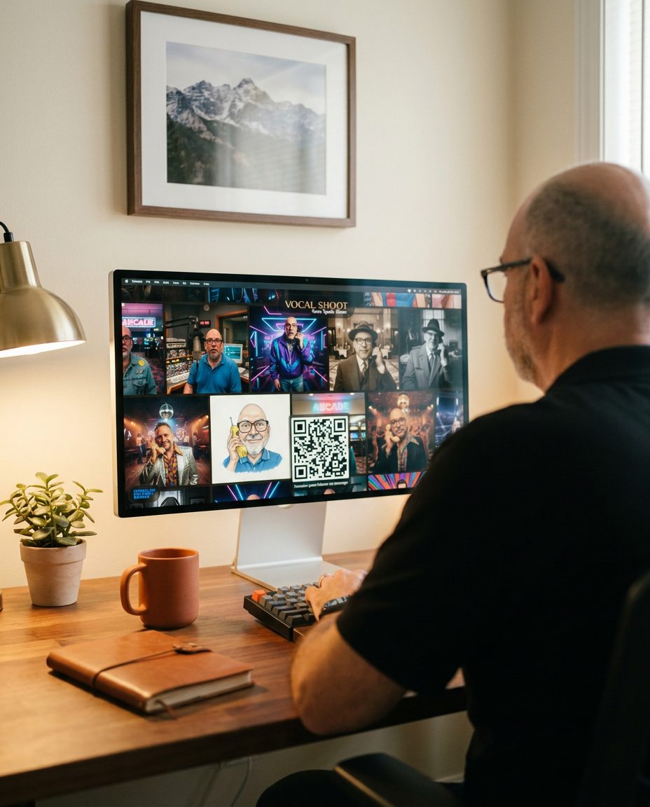 Francis, vu de dos, observe une mosaïque d'images de référence sur son écran d'ordinateur, dans un bureau à la décoration masculine et épurée, avec une photo de montagne en arrière-plan.