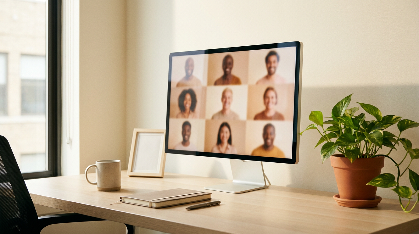 Écran d'ordinateur affichant une grille de vignettes vidéo avec visages flous sur un bureau lumineux et épuré.